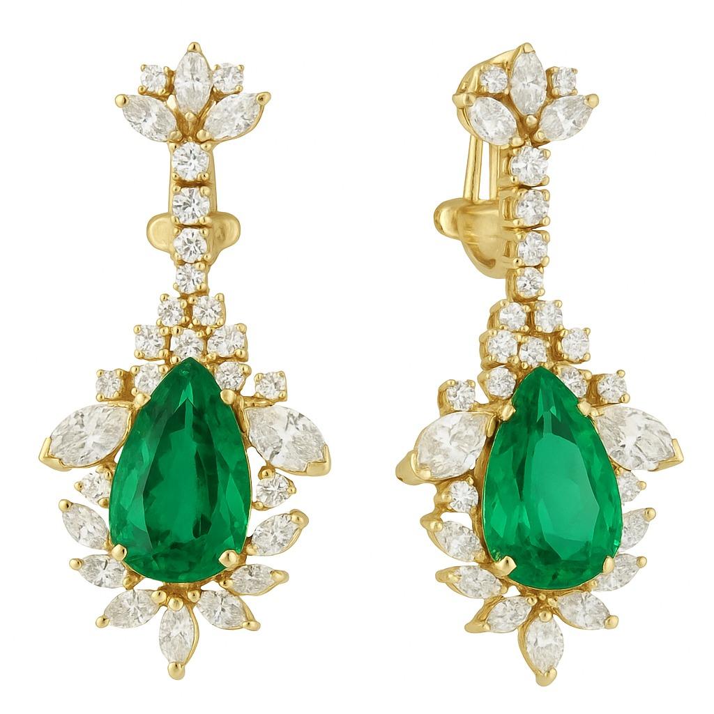 Art Deco Vintage 17 Carat Colombian Emerald & Diamond 18K Yellow Gold Drop Earrings For Sale
