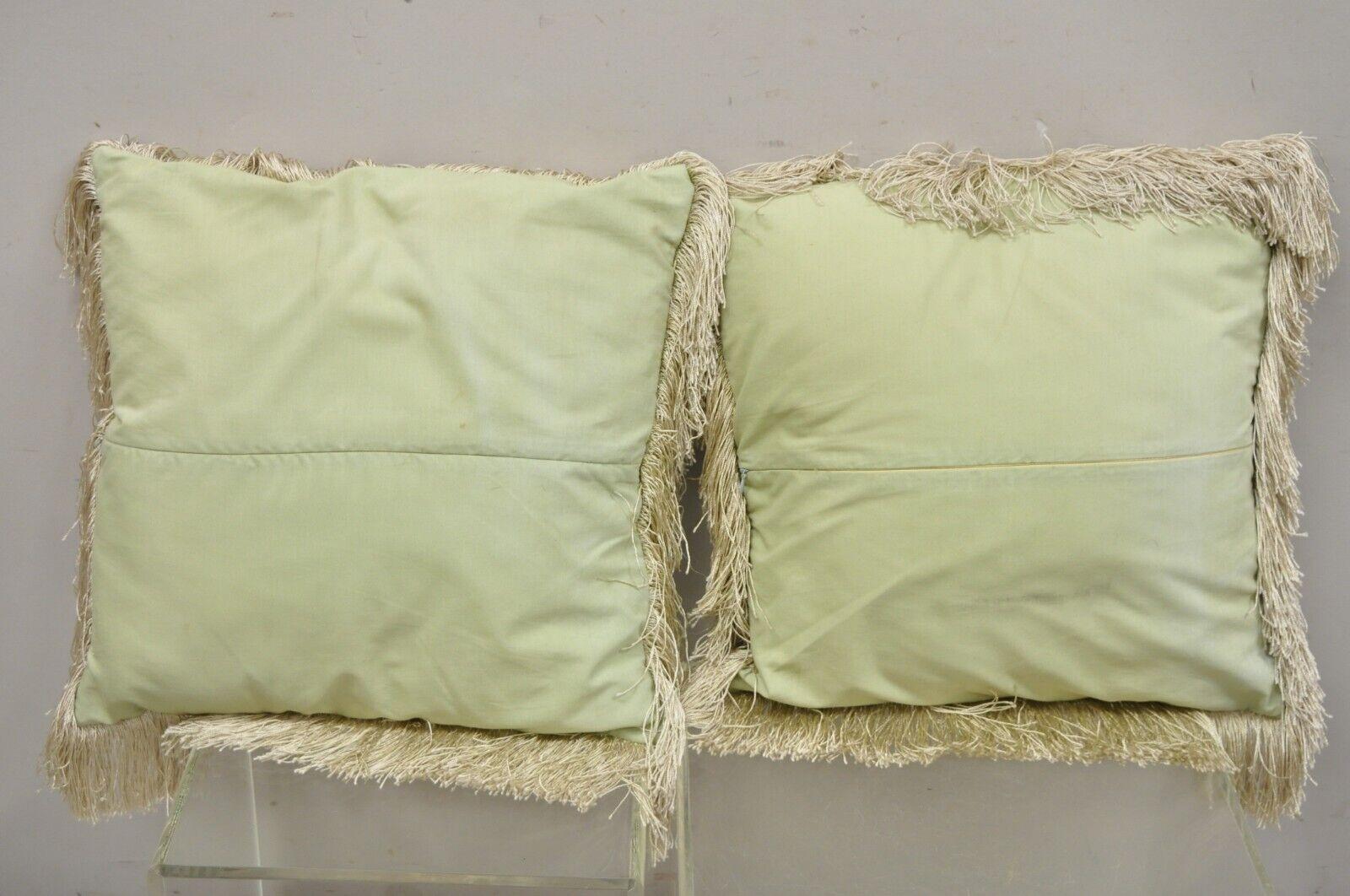 Vintage Green Silk Embroidered Victorian Style Pillow with Fringe, a Pair 6