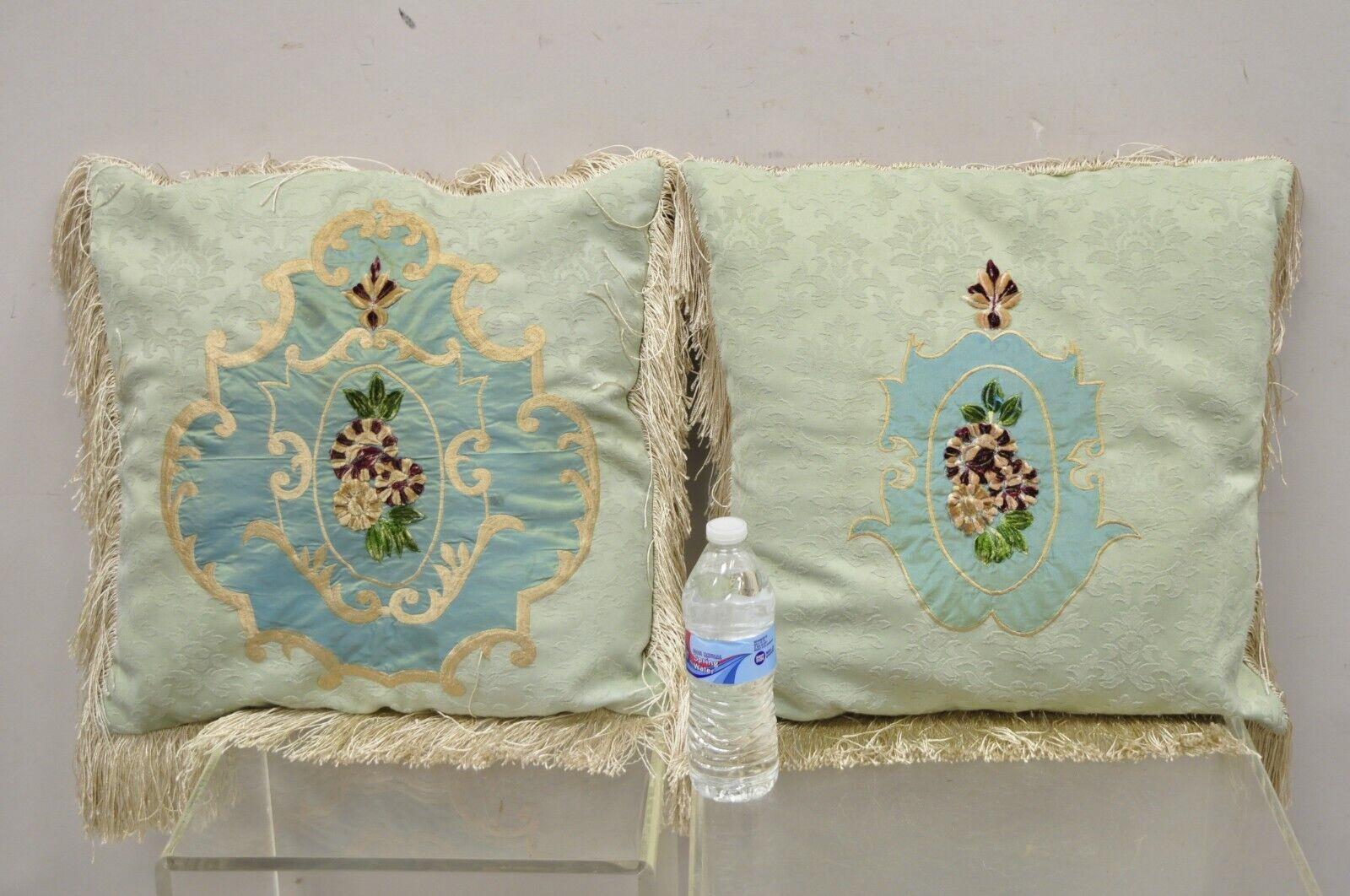 Vintage Green Silk Embroidered Victorian Style Pillow with Fringe, a Pair 8