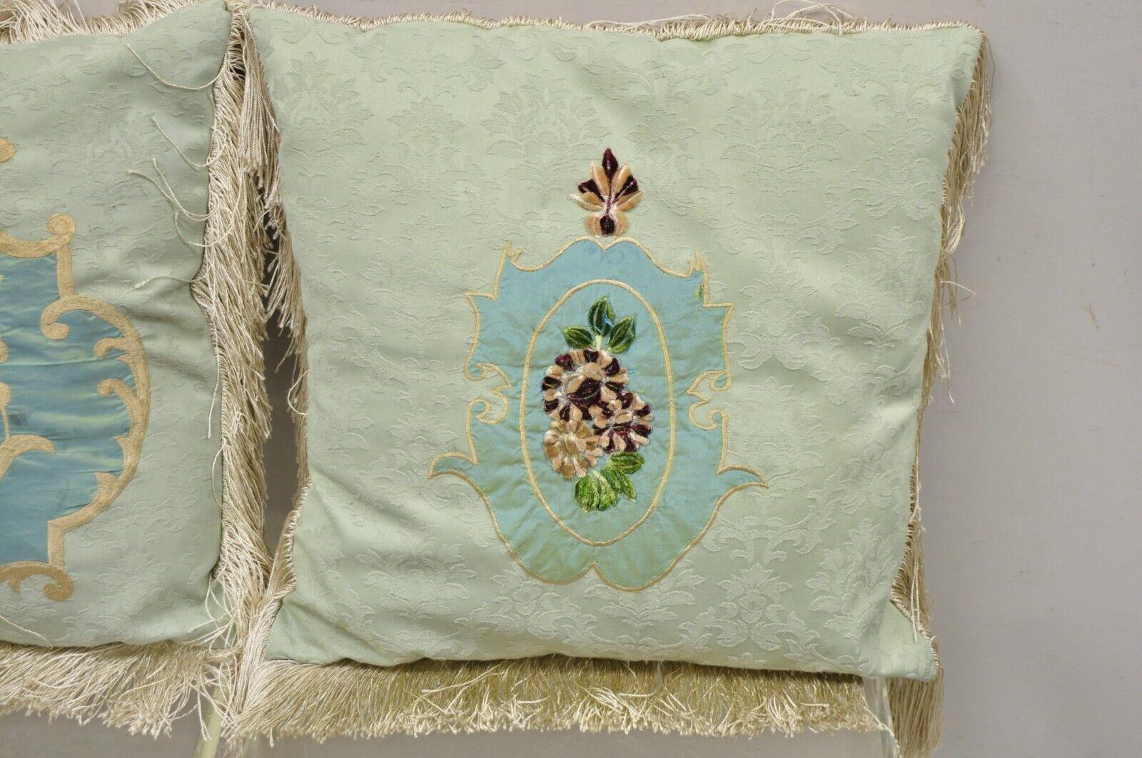 Vintage Green Silk Embroidered Victorian Style Pillow with Fringe, a Pair In Good Condition In Philadelphia, PA