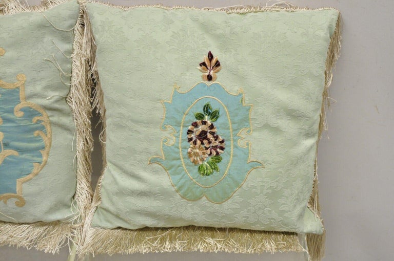 Vintage Green Silk Embroidered Victorian Style Pillow with Fringe, a