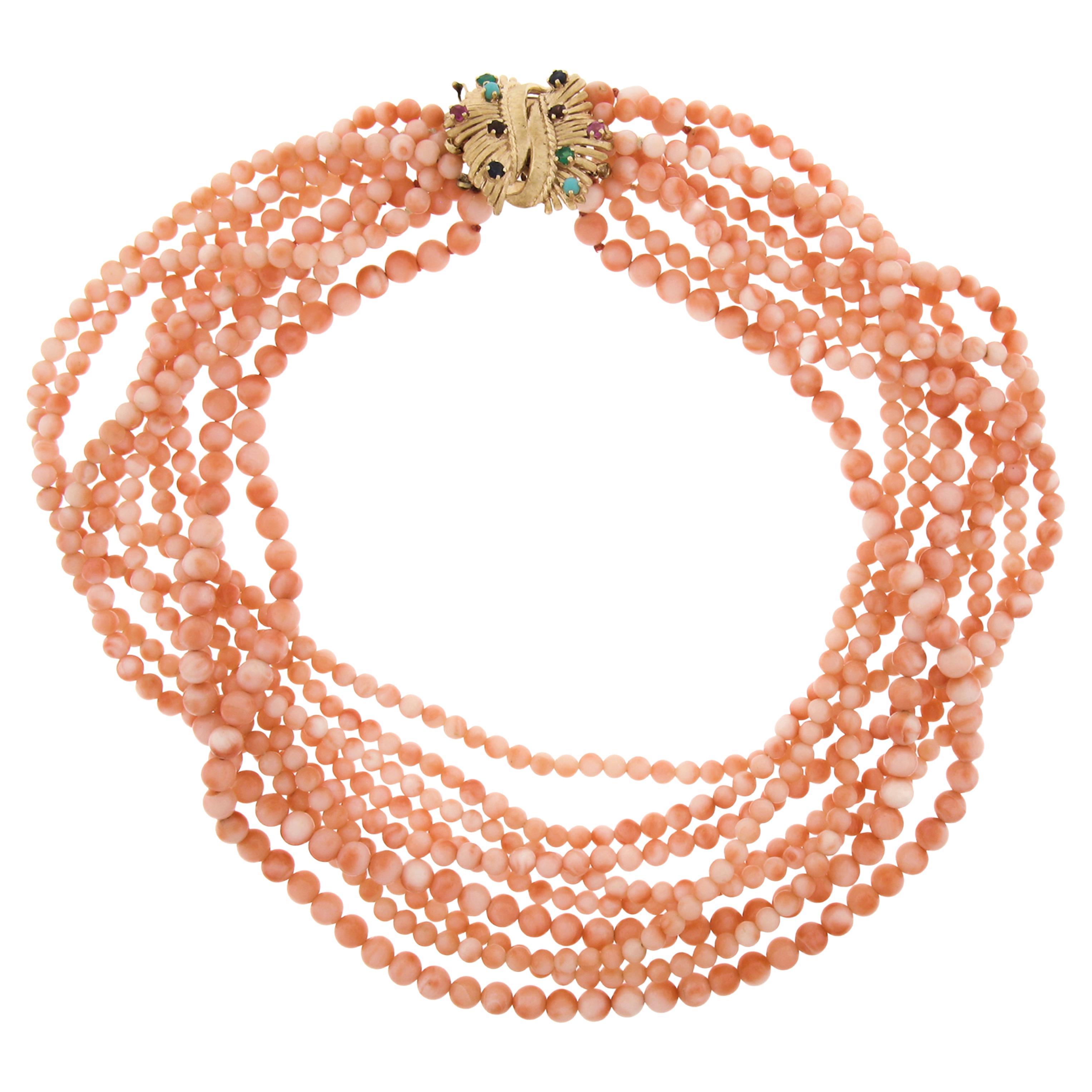 Vintage 17" Multi Strand Coral Bead Necklace w/ 14k Gold Colored Stone Clasp For Sale