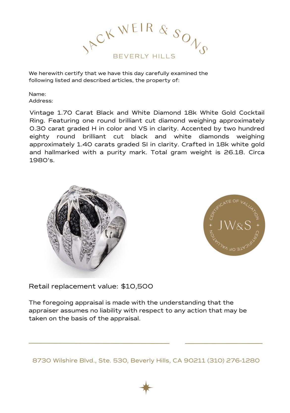 Vintage 1,70 Karat schwarzer und weißer Diamant 18k Weißgold-Cocktailring im Angebot 1