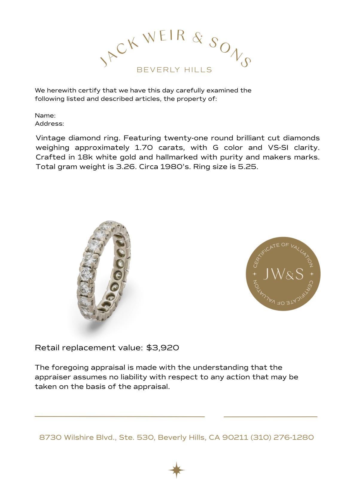 Vintage 1,70 Karat Diamant 18k Weißgold Ewigkeit Band Damen im Angebot