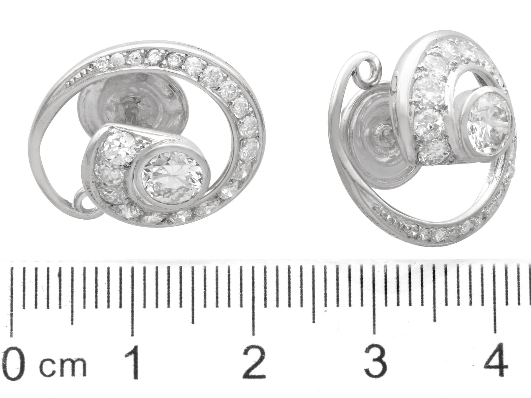 Vintage 1.70 Carat Diamond and 14k White Gold Twirl Earrings Circa 1940 For Sale 3