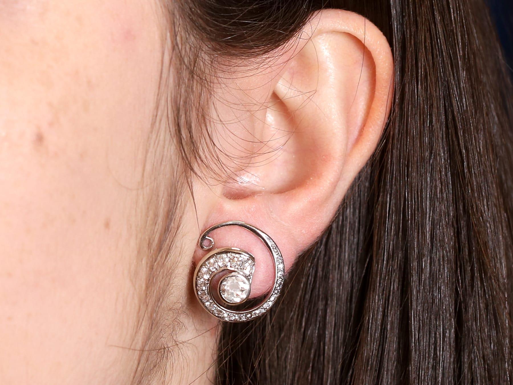 Vintage 1.70 Carat Diamond and 14k White Gold Twirl Earrings Circa 1940 For Sale 4