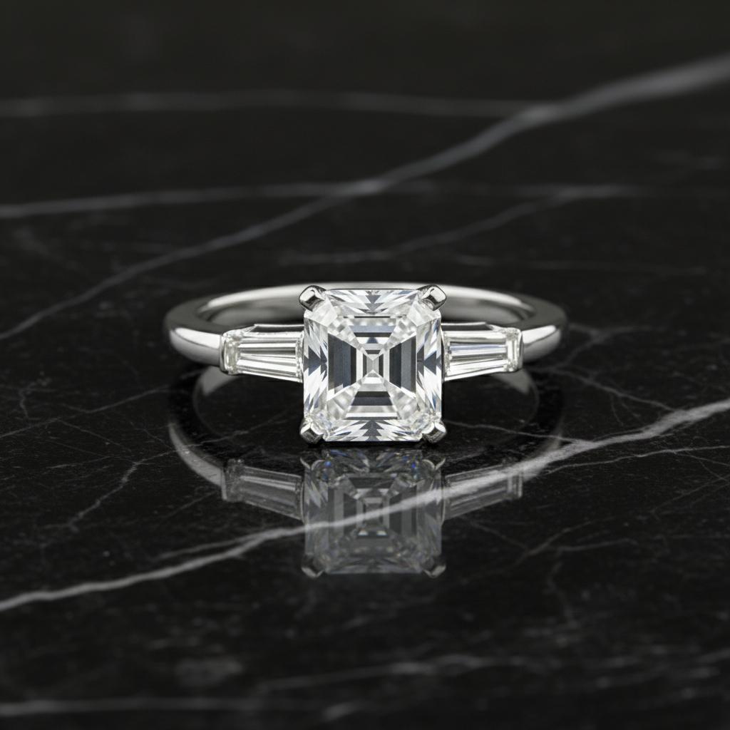 L'originale anello di fidanzamento vintage presenta un sostanzioso diamante taglio smeraldo da 1.70 carati in un'incastonatura in platino assolutamente classica con accenti di diamanti baguette affusolati. È un anello di alta qualità con un design