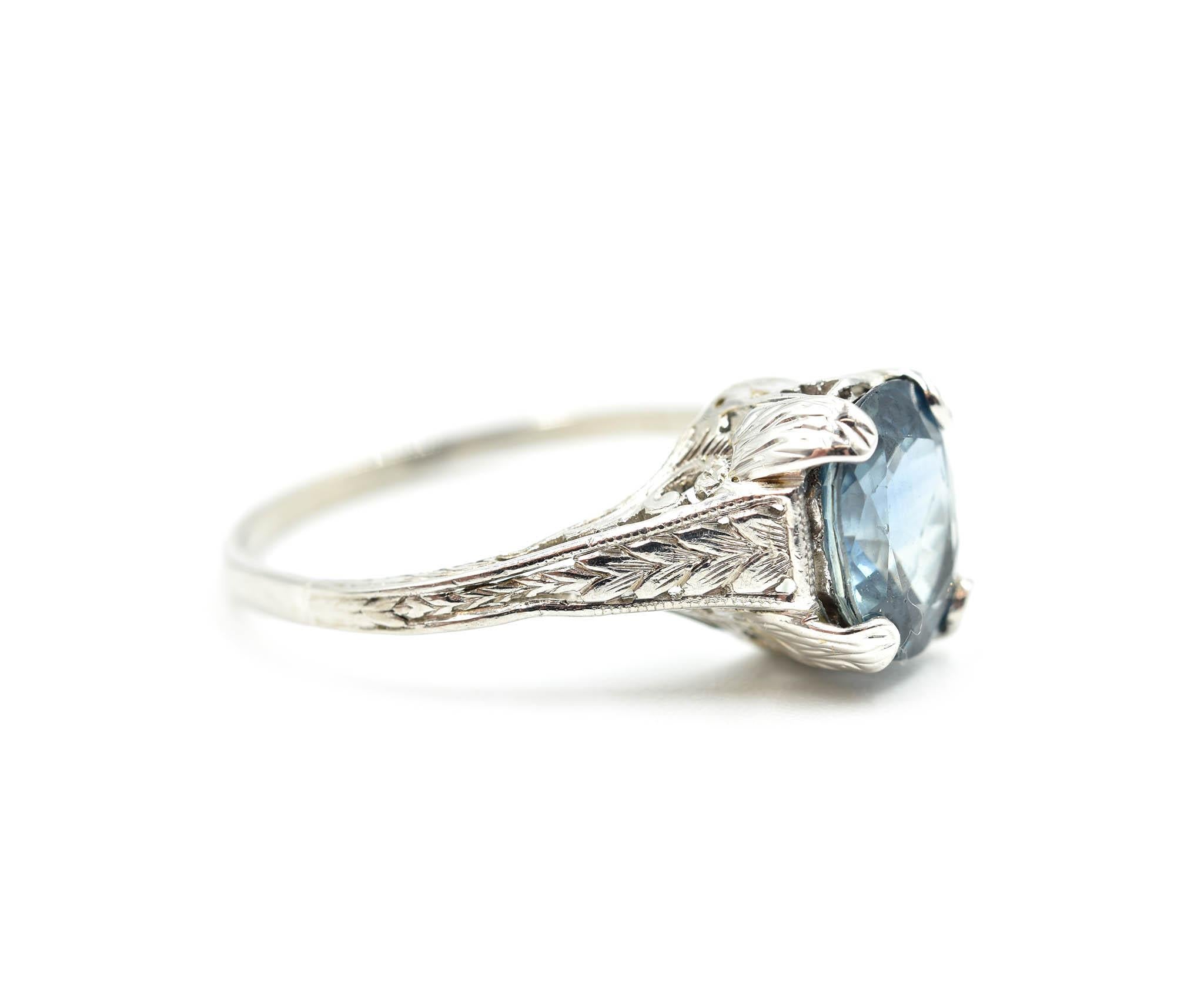 Designer: custom design
Material: platinum
Blue Sapphire: one oval cut 1.70 carat 
Dimensions: ring top is 3/8-inch long and 1/4-inch wide
Ring Size: 7 3/4 (please allow two additional shipping days for sizing requests)
Weight: 3.55 grams
