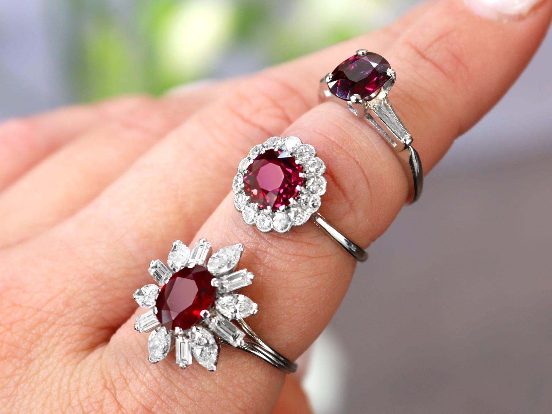 Cushion Cut Vintage 1.70 Carat Thai Ruby Diamond White Gold Cluster Ring For Sale