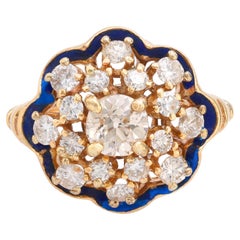 Anillo flor vintage de oro amarillo de 14 quilates con esmalte y diamantes de 1,70 quilates de peso total