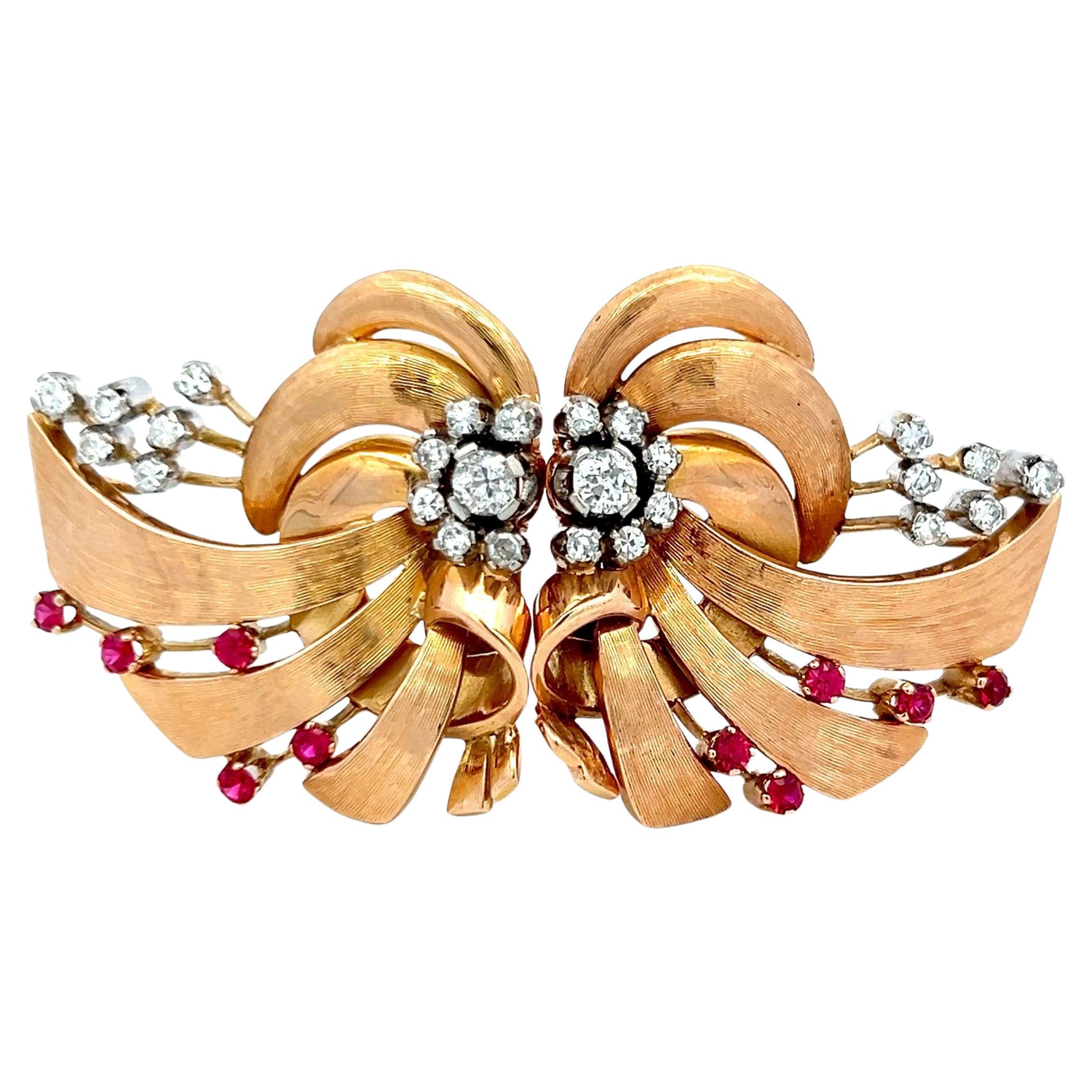 Vintage 1,70ct Diamant 
Rubin 18K Rose Gold Retro Ribbon Pin Brosche