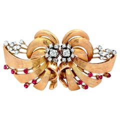 Vintage 1.70ct Diamond & Ruby 18K Rose Gold Retro Ribbon Pin Brooch