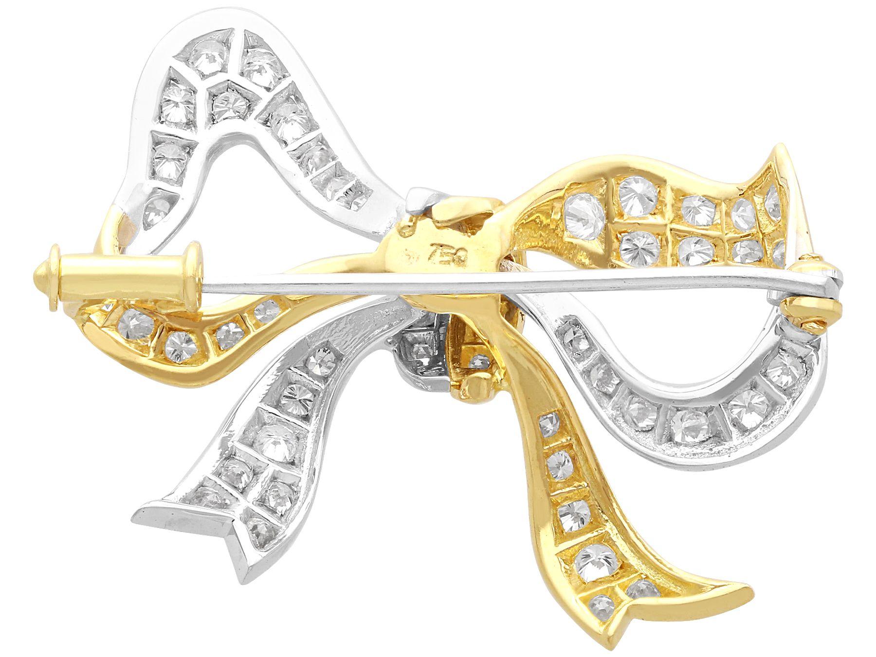 Women's or Men's Vintage 1.70ct Diamond Two-Toned Gold Bow Brooch For Sale
