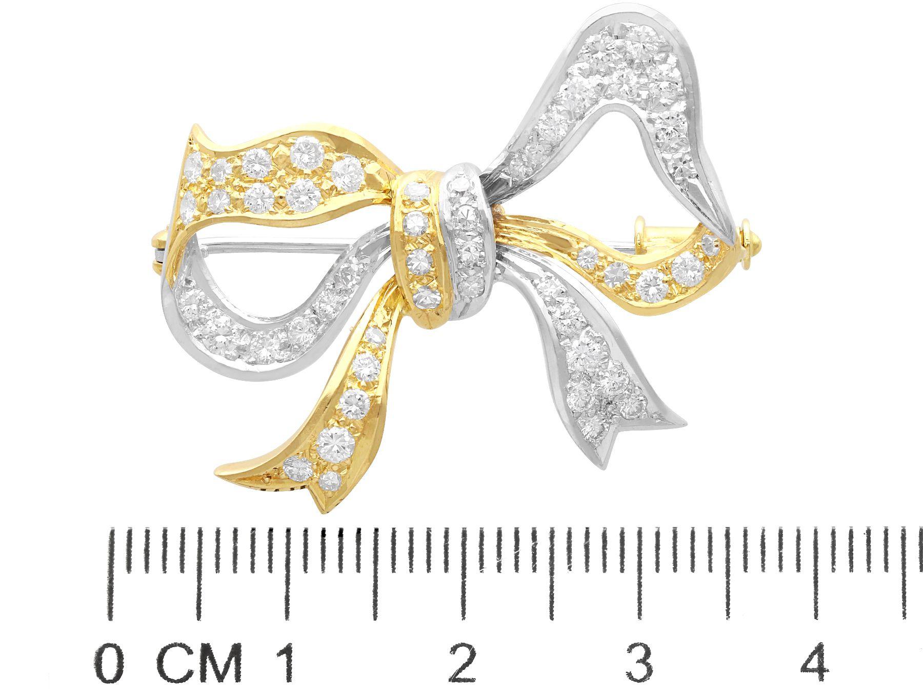 Vintage 1.70ct Diamond Two-Toned Gold Bow Brooch For Sale 2