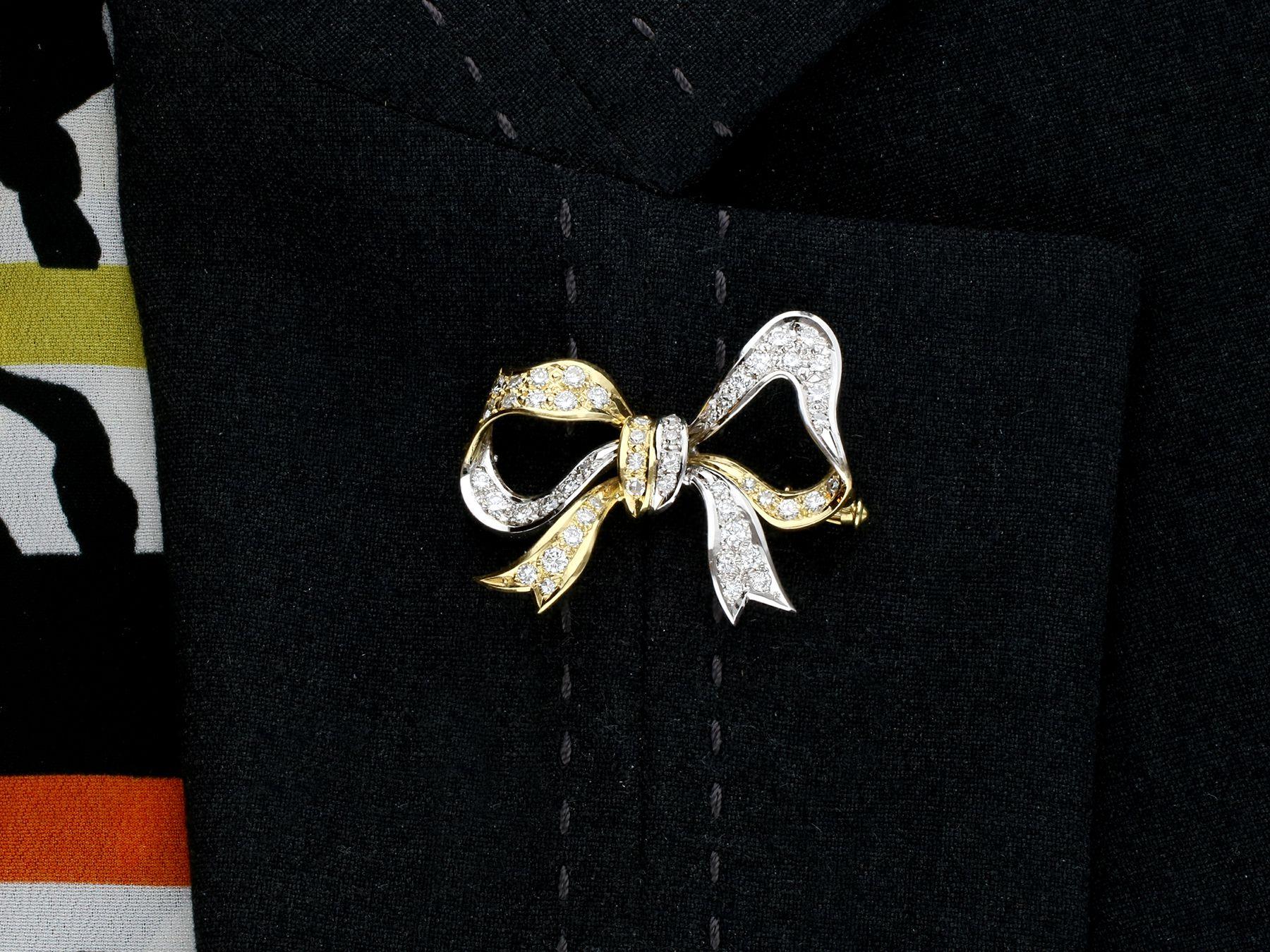 Vintage 1.70ct Diamond Two-Toned Gold Bow Brooch For Sale 3