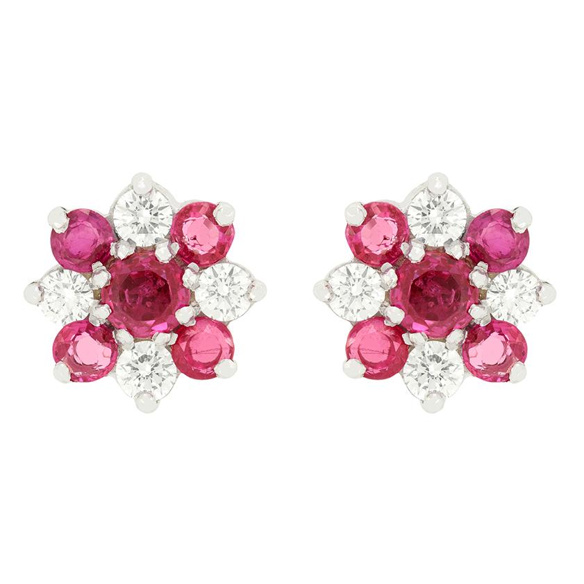 Vintage 1.70ct Ruby and Diamond Cluster Earrings, hallmarked 1978