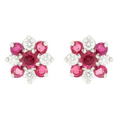 Vintage 1.70ct Ruby and Diamond Cluster Earrings, hallmarked 1978