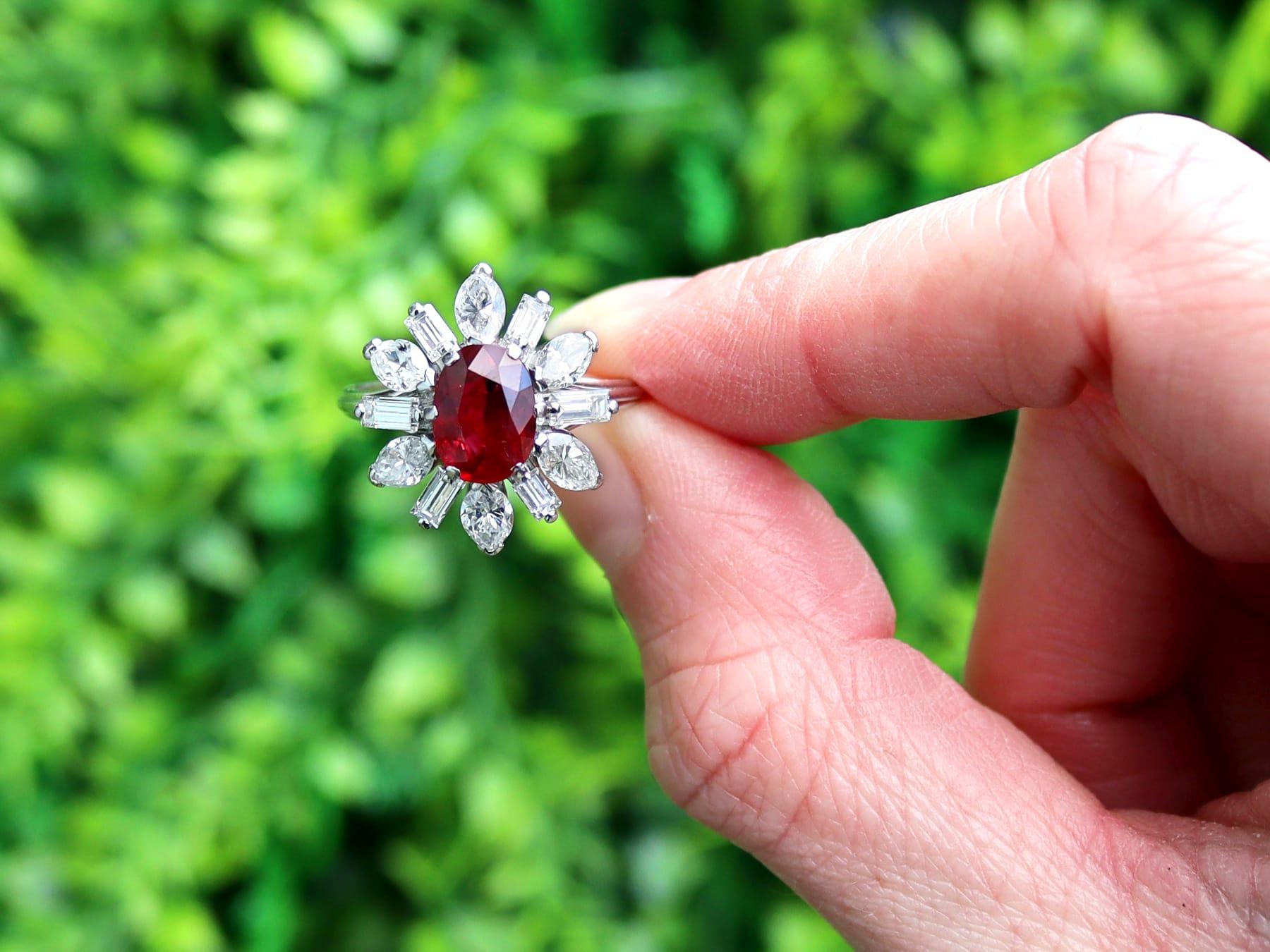 A stunning, fine and impressive vintage 1.70 carat Thai ruby and 1.68 carat diamond, platinum dress ring; part of our unheated gemstone ring collections.

This stunning, fine and impressive vintage ruby ring has been crafted in platinum.

The