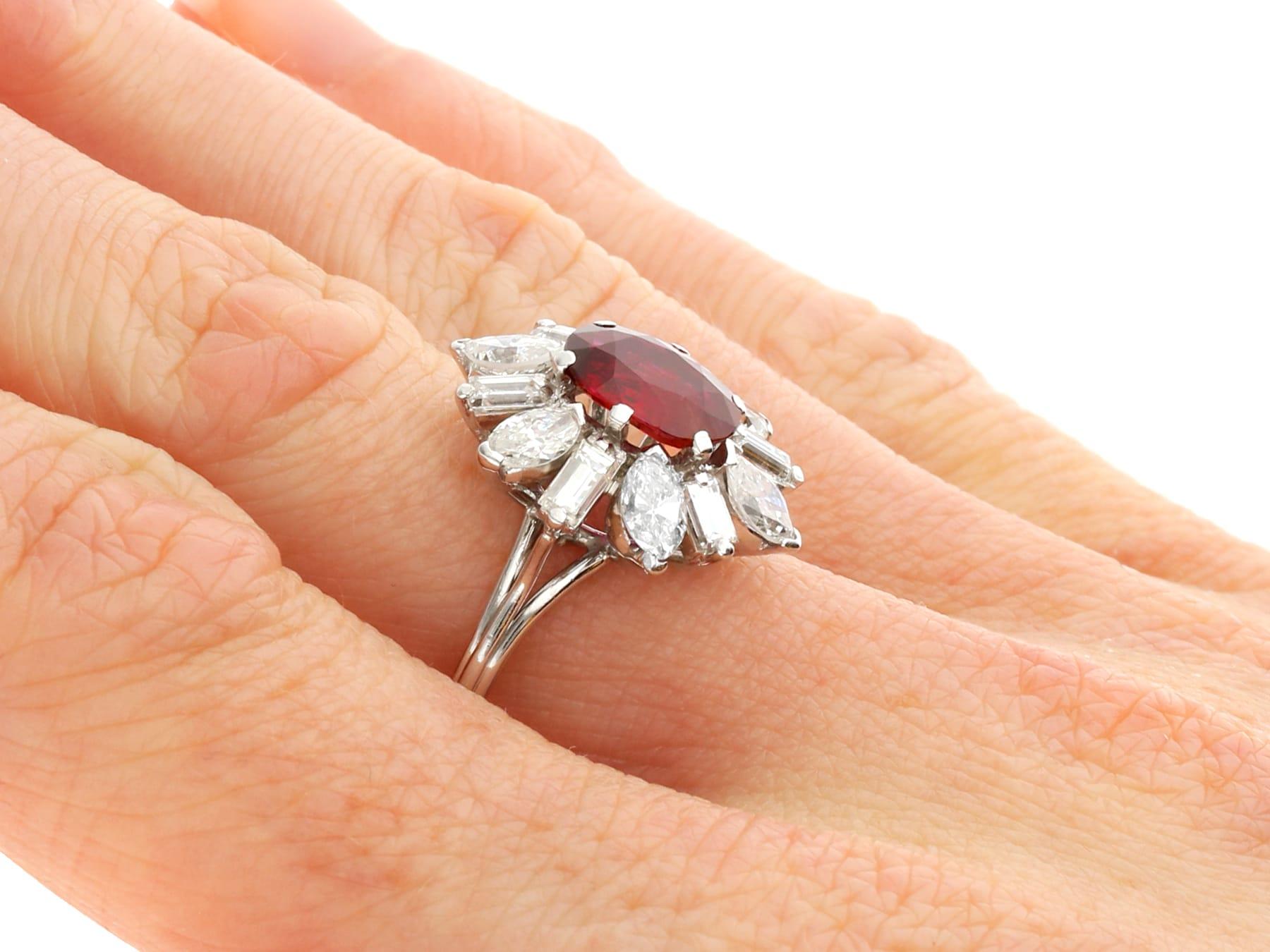 Vintage 1.70Ct Thai Ruby and 1.68Ct Diamond Platinum Dress Ring 1975 For Sale 3