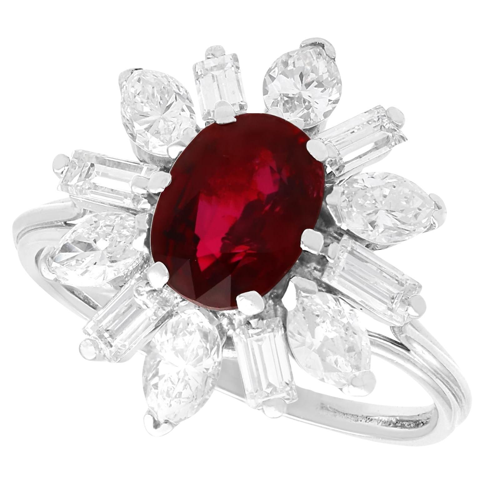 Vintage 1.70Ct Thai Ruby and 1.68Ct Diamond Platinum Dress Ring 1975 For Sale
