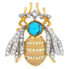 Vintage 1.71 Carat Diamond Turquoise Enamel Platinum 18 Karat Gold Insect Brooch