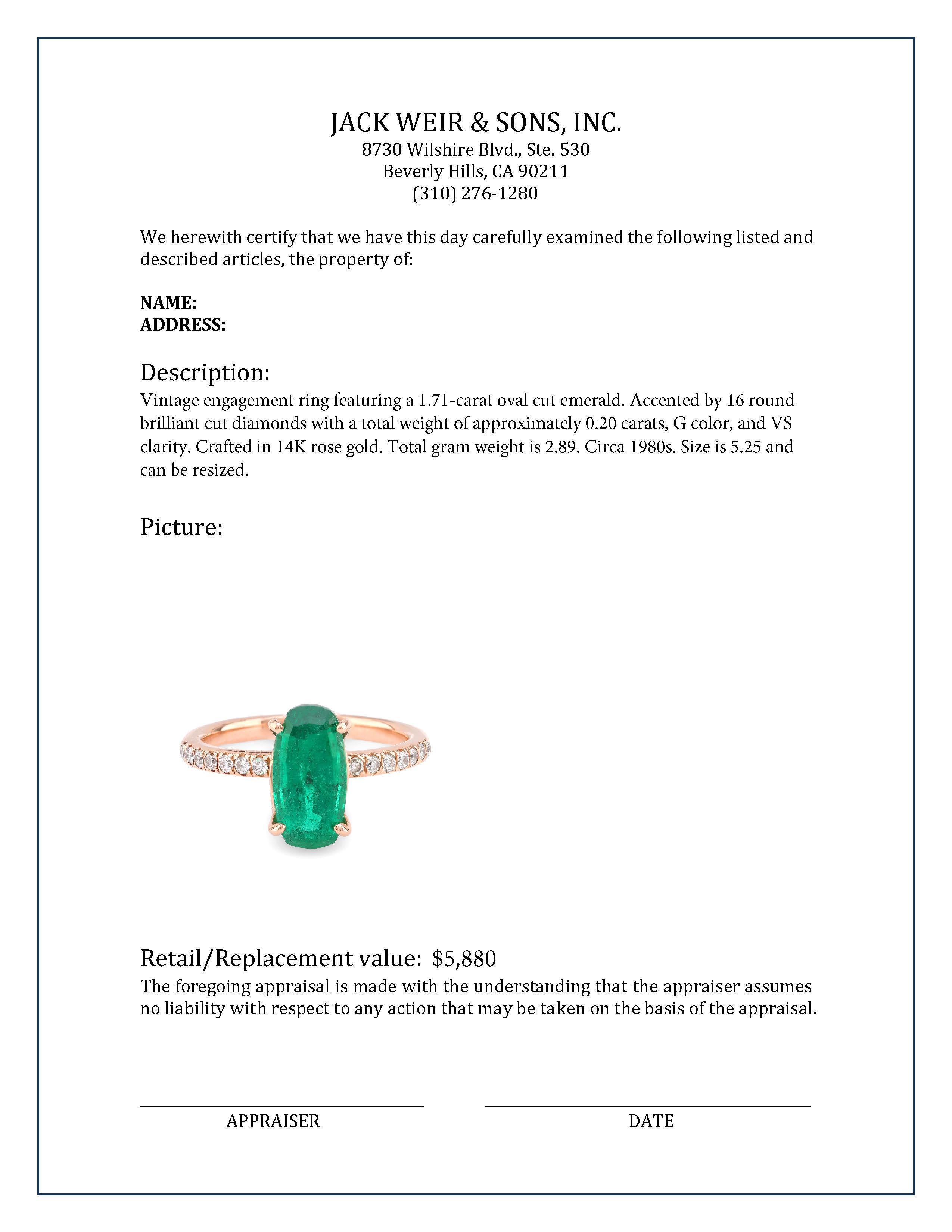 Vintage 1.71 Carat Oval Cut Emerald Diamond 14K Rose Gold Engagement Ring 1