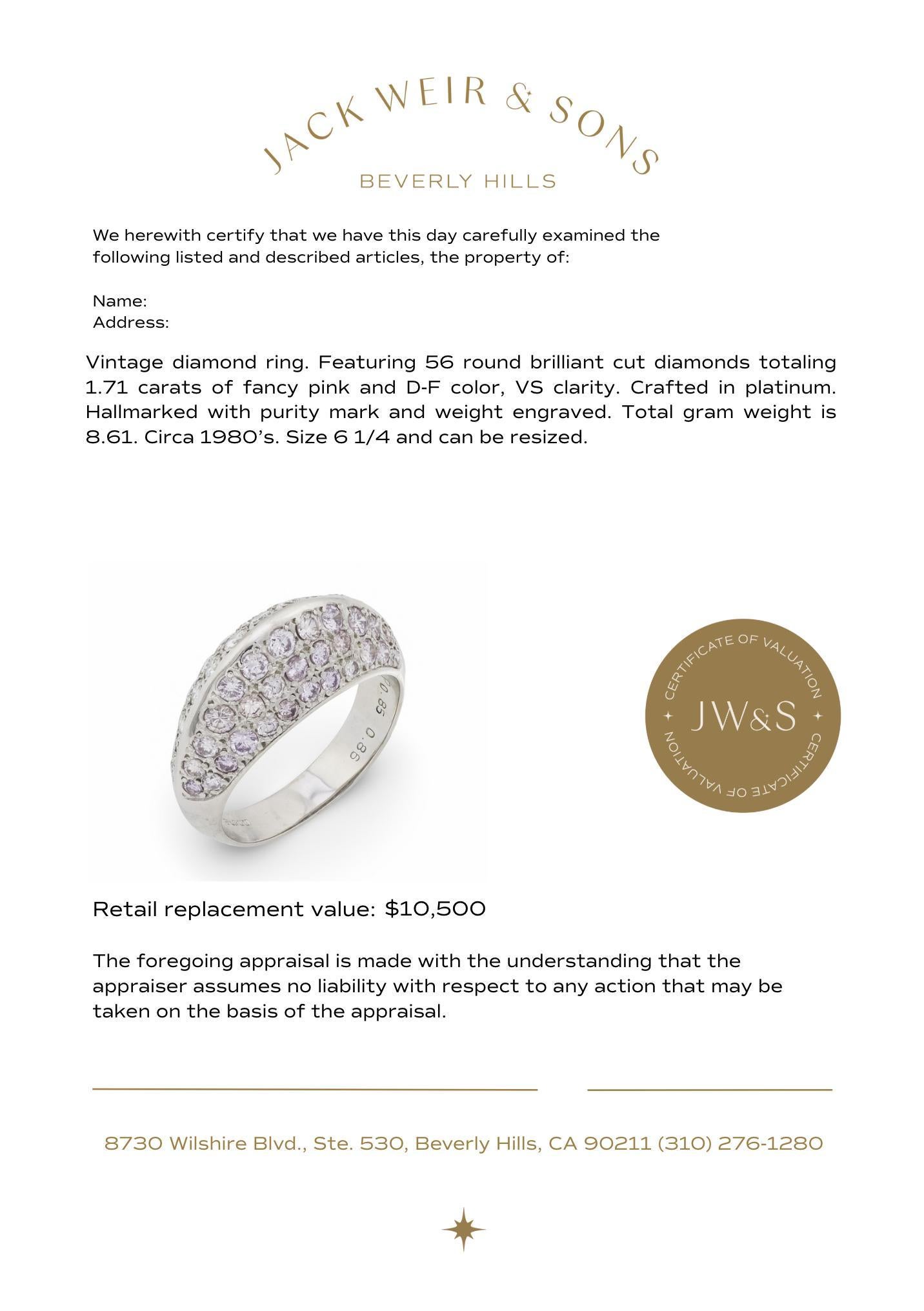 Anello cocktail vintage con pave di diamanti bianchi e rosa da 1,71 carati in platino in vendita 2