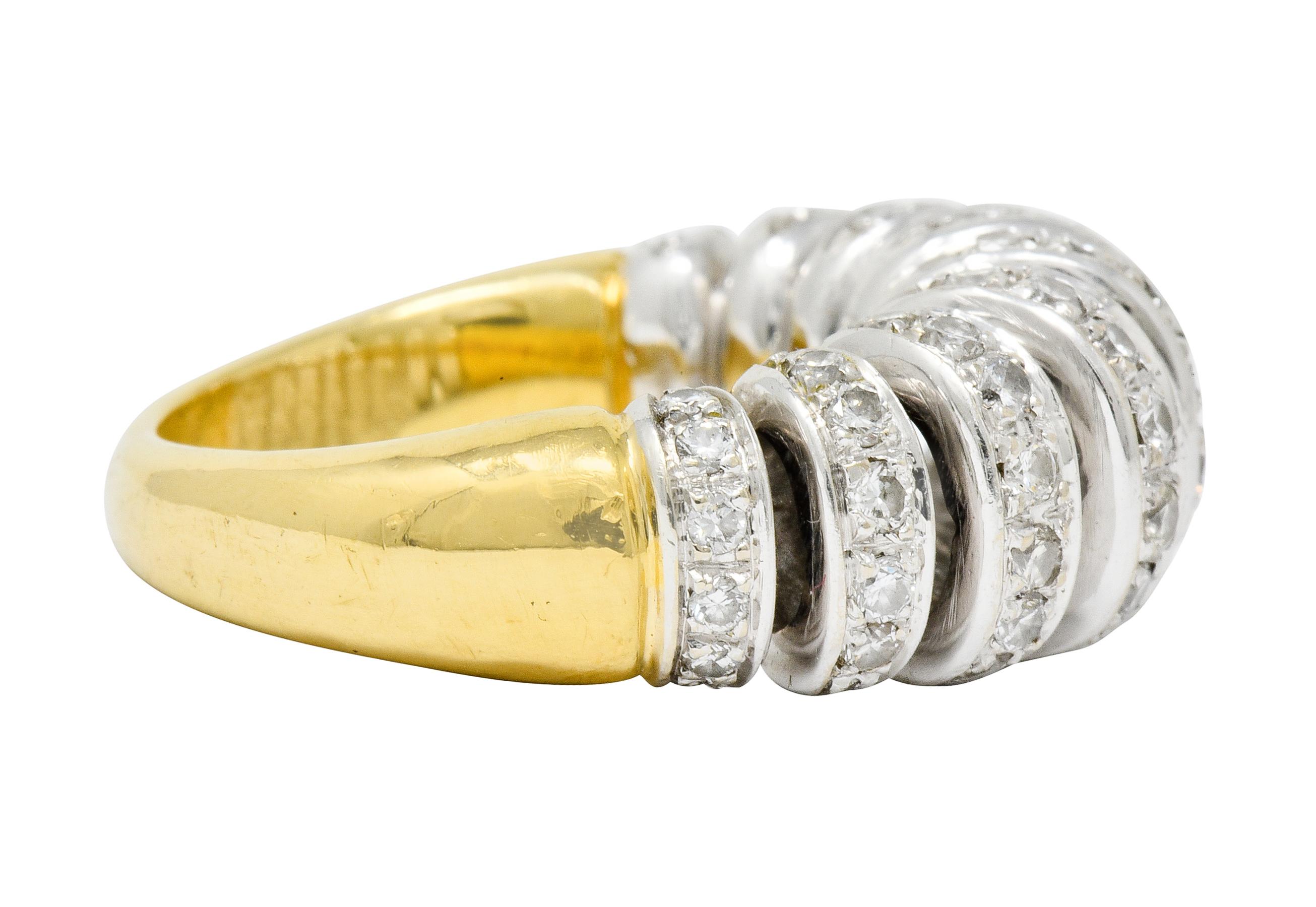 Contemporary Vintage 1.72 Carat Diamond 18 Karat Two-Tone Gold Ruched Ribbon Band Ring