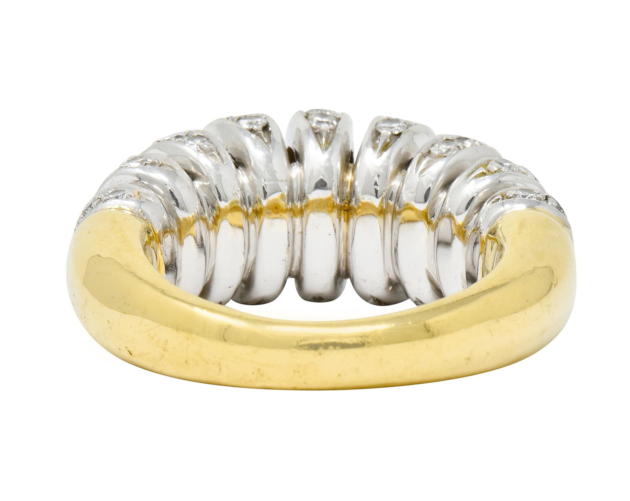 Brilliant Cut Vintage 1.72 Carat Diamond 18 Karat Two-Tone Gold Ruched Ribbon Band Ring