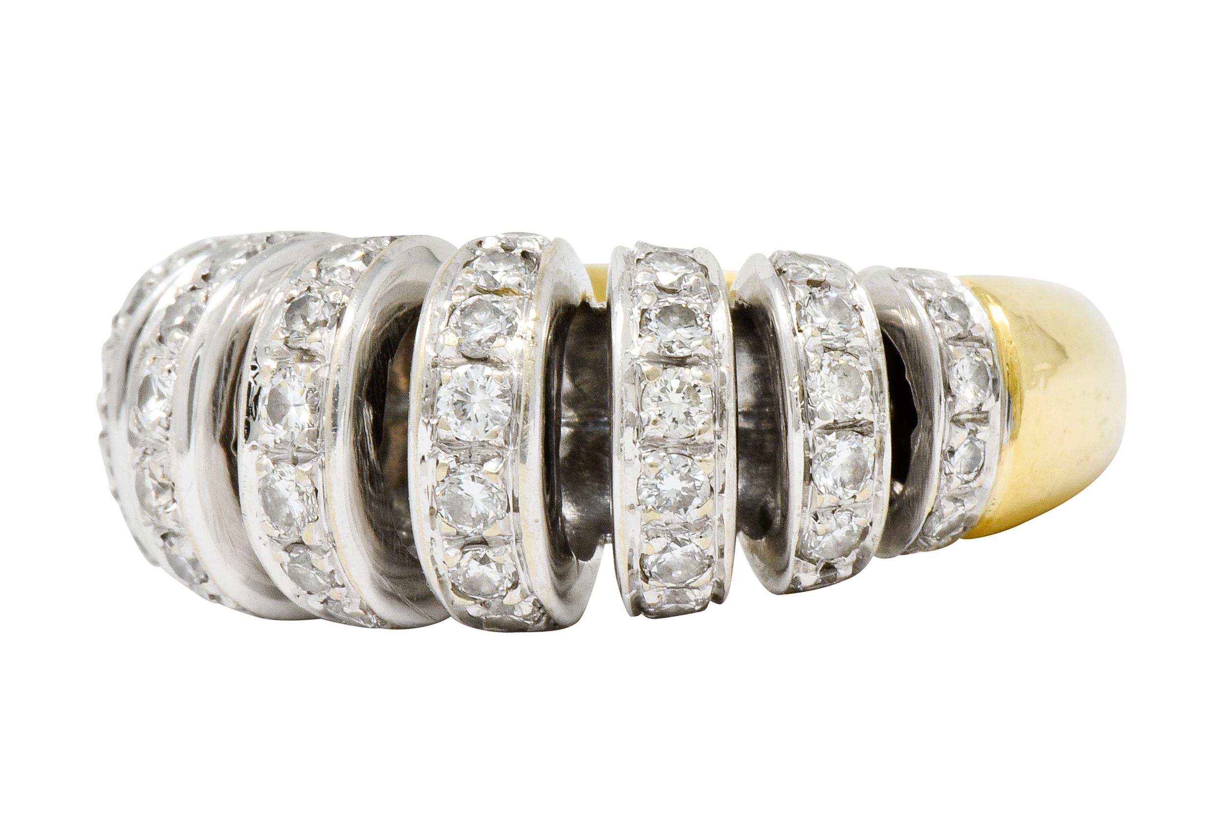 Women's or Men's Vintage 1.72 Carat Diamond 18 Karat Two-Tone Gold Ruched Ribbon Band Ring