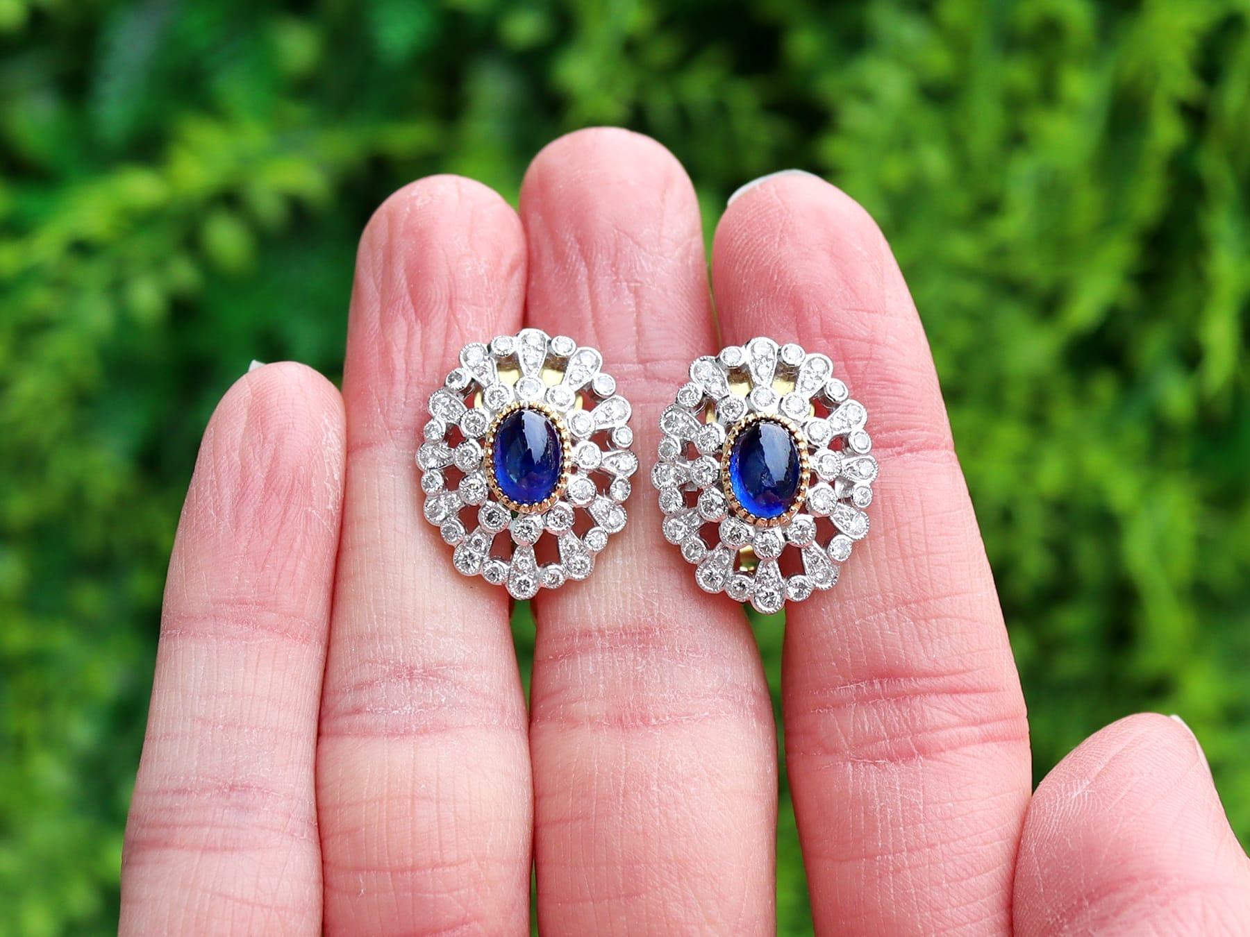 A stunning, fine and impressive pair of 1.72 carat sapphire and 1.80 carat diamond, platinum and 18 karat yellow gold earrings; part of our diverse vintage sapphire jewelry collection.

These stunning, fine and impressive vintage sapphire earrings