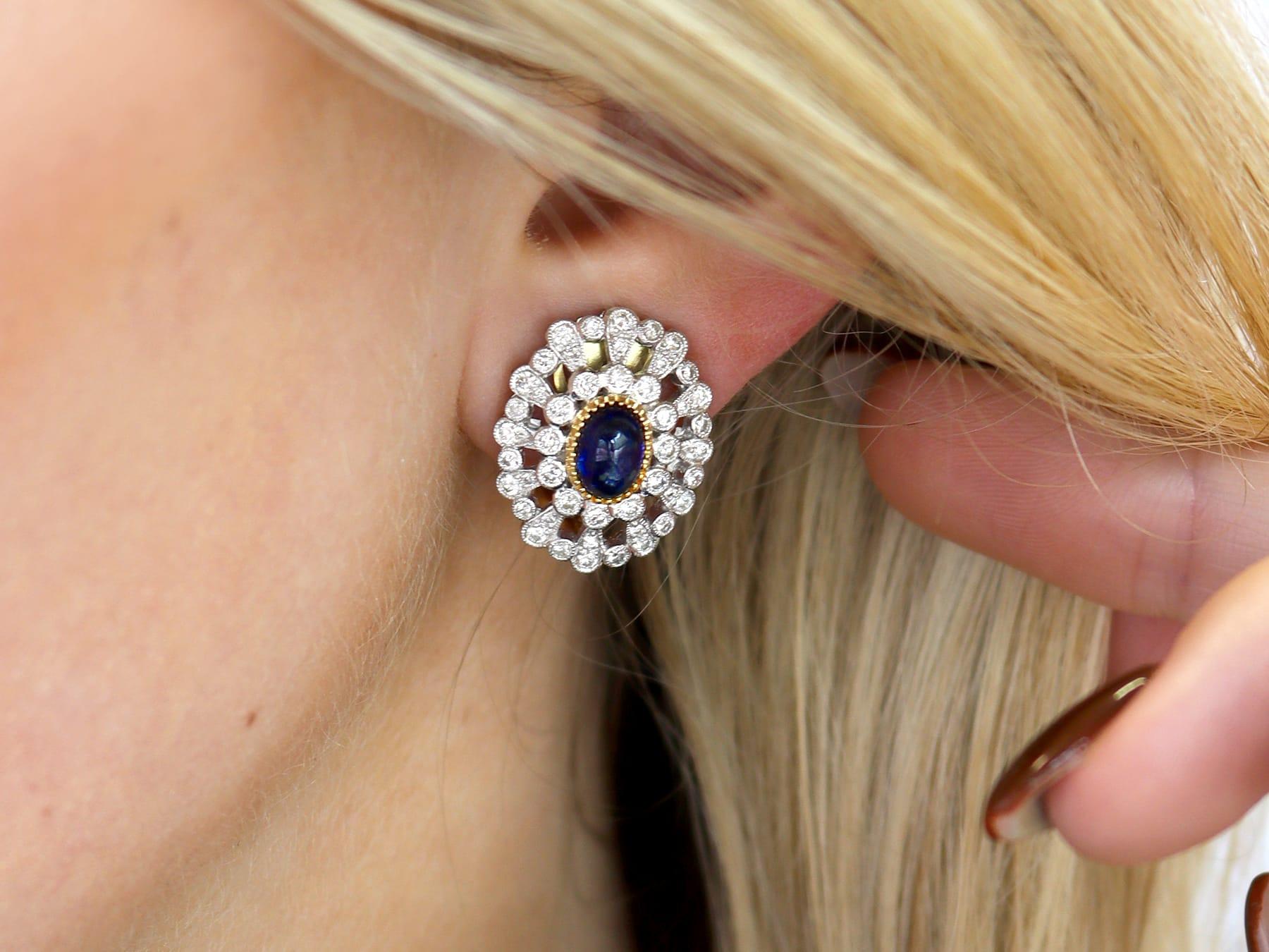 Cabochon Vintage 1.72 Carat Sapphire and 1.80 Carat Diamond, Platinum Earrings Circa 1990 For Sale