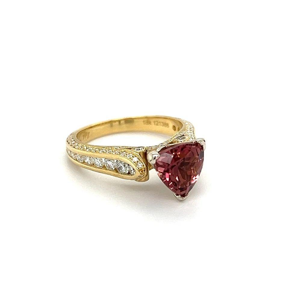 Simply Beautiful! Exquisite Vintage Trillion Rubellite and Pave Diamond Designer Signed MICHAEL M Gold Cocktail Ring. Centering a Hand set a Dazzling Trillion Rubellite, weighing approx. 1.72 Carat. Surrounded Pave set Diamonds, weighing approx.