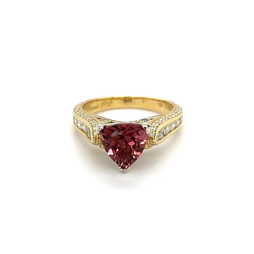 Trillion Cut Vintage 1.72 Carat Trillion Rubellite Pave Diamond Signed MICHAEL M Gold Ring For Sale
