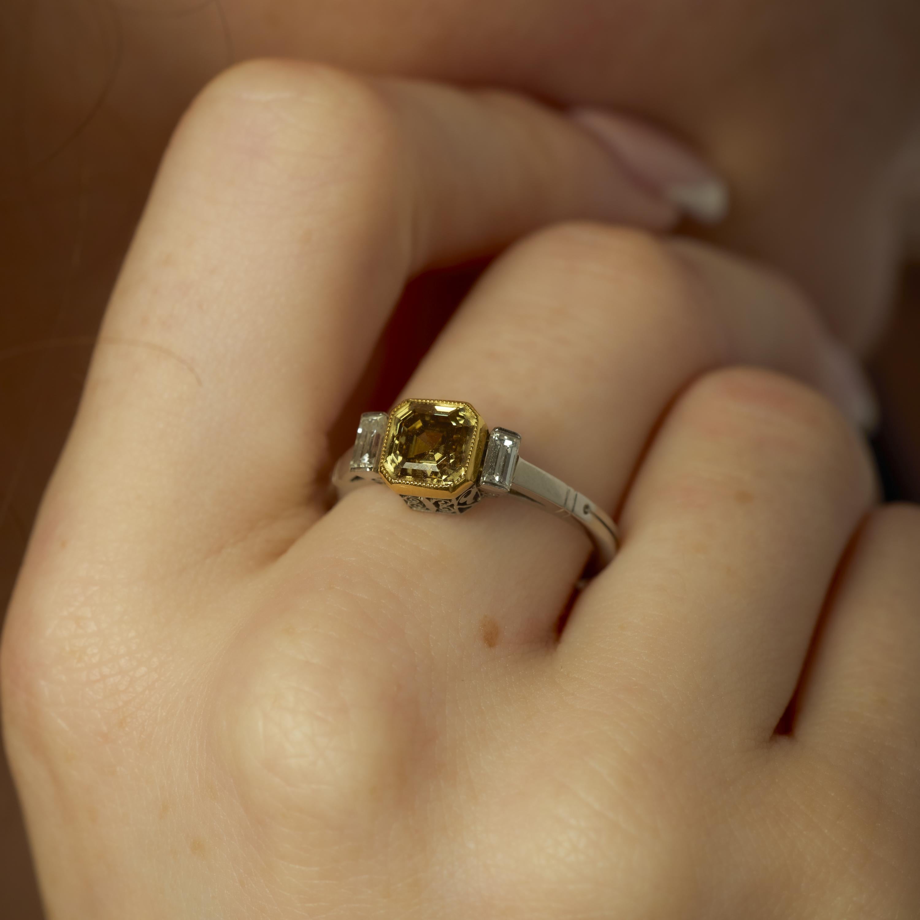 Asscher Cut Vintage 1.74 carat fancy yellow brown diamond platinum 18k yellow gold ring For Sale