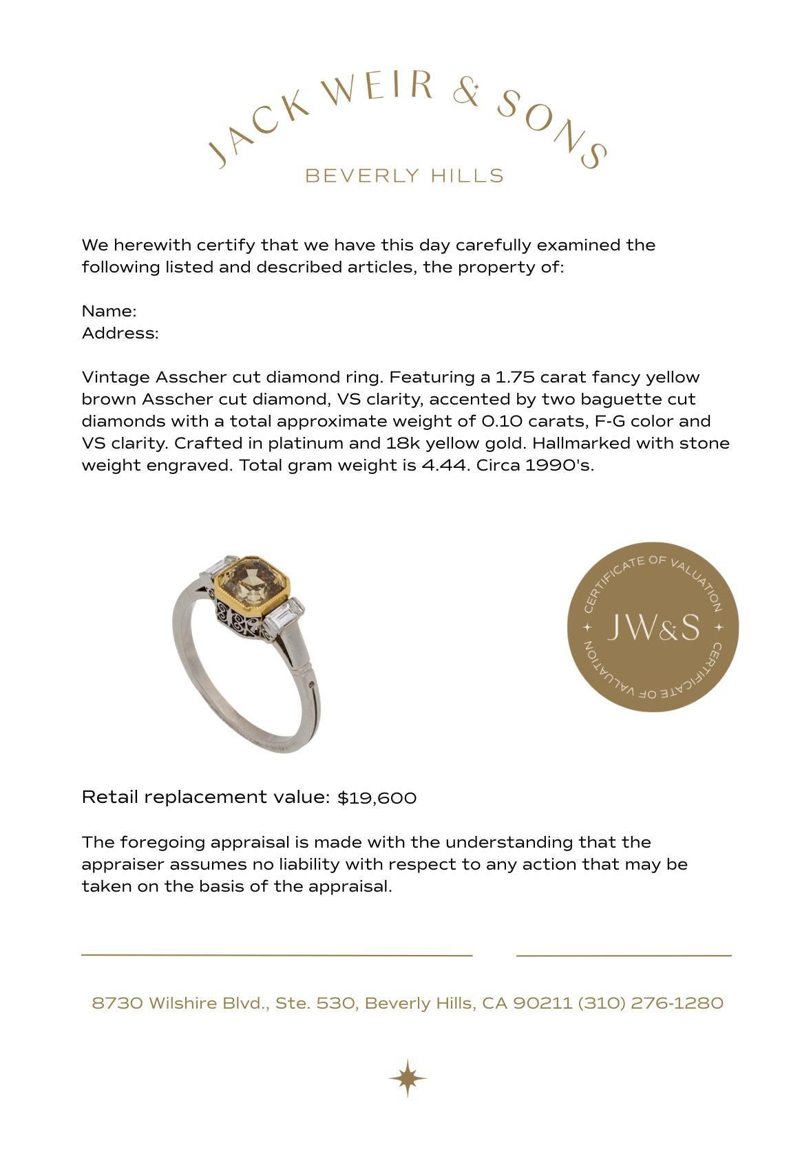 Women's Vintage 1.74 carat fancy yellow brown diamond platinum 18k yellow gold ring For Sale