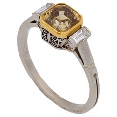 Vintage 1.74 carat fancy yellow brown diamond platinum 18k yellow gold ring