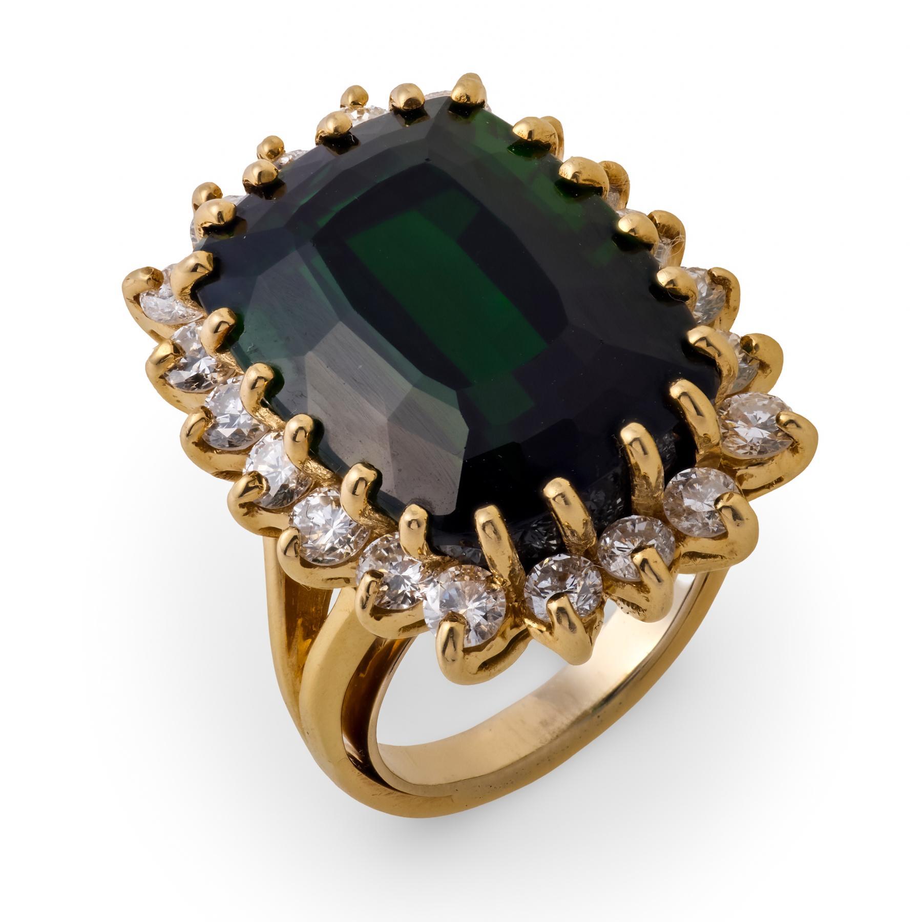 Vintage 17.40 carat green tourmaline diamond 14k yellow gold cocktail ring