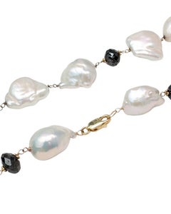 Vintage 17.5" Black Diamond (28.00ct) & Freshwater Pearl Necklace in 14KY Gold
