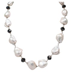 Vintage 17.5" Black Diamond (28.00ct) & Freshwater Pearl Necklace in 14KY Gold