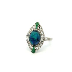 Vintage 1.75 Carat Black Opal, Emerald and Diamond Platinum Navette Ring