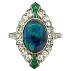 Vintage 1.75 Carat Black Opal, Emerald and Diamond Platinum Navette Ring