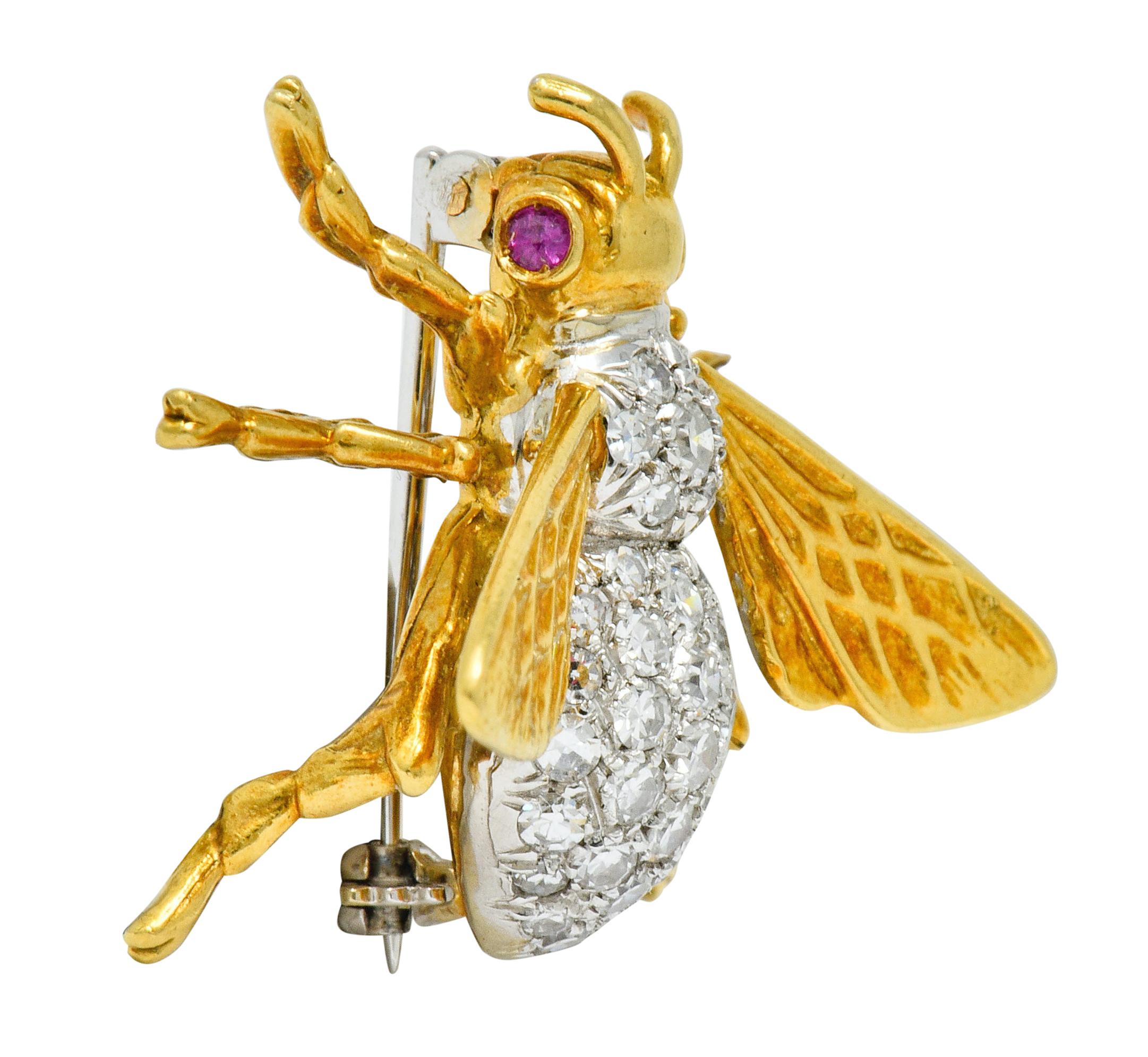 Contemporary Vintage 1.75 Carat Diamond Ruby Platinum 18 Karat Gold Bee Brooch