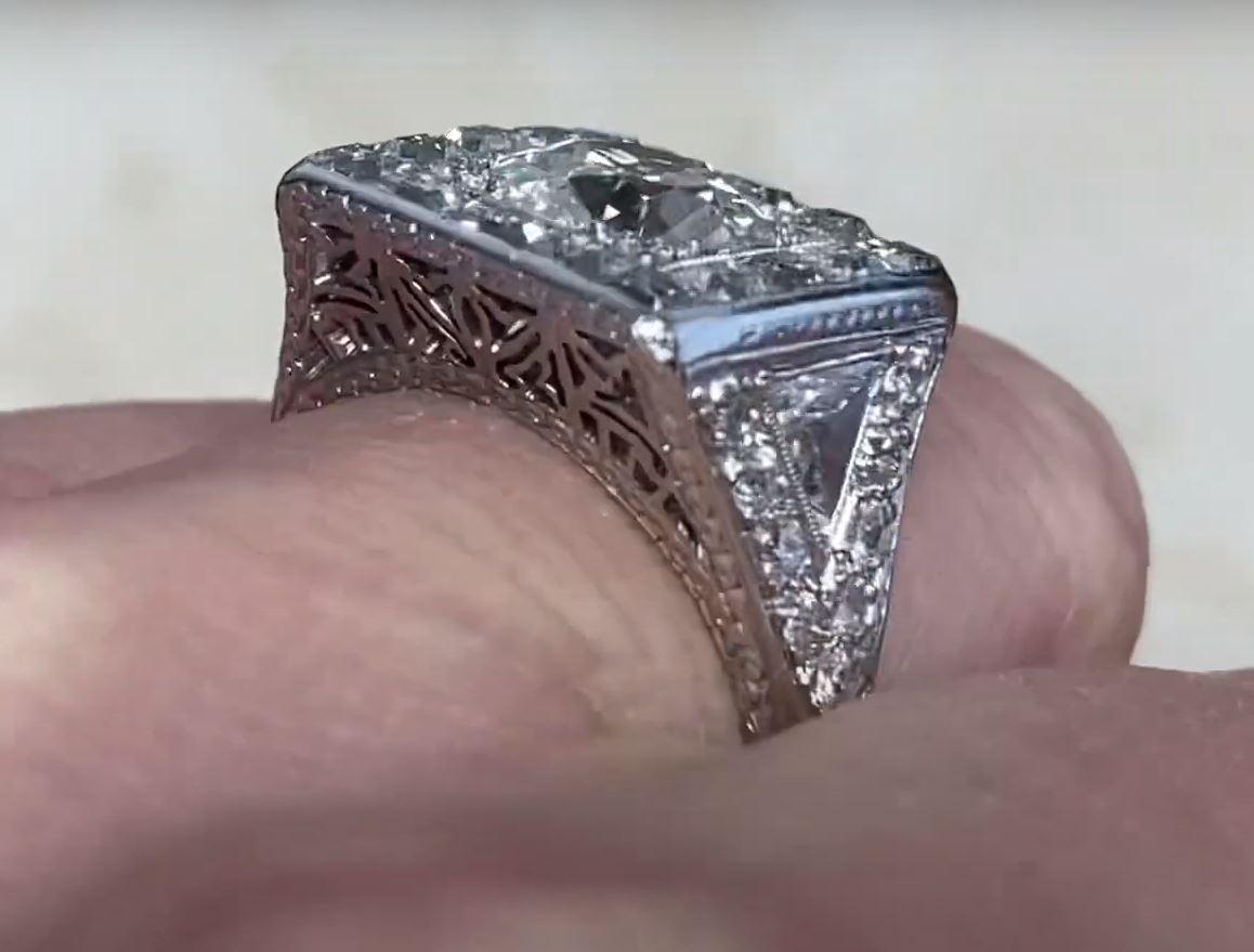 Vintage 1.75 Carat Old Euro-Cut Diamond Engagement Ring, Diamond Halo, Platinum For Sale 1