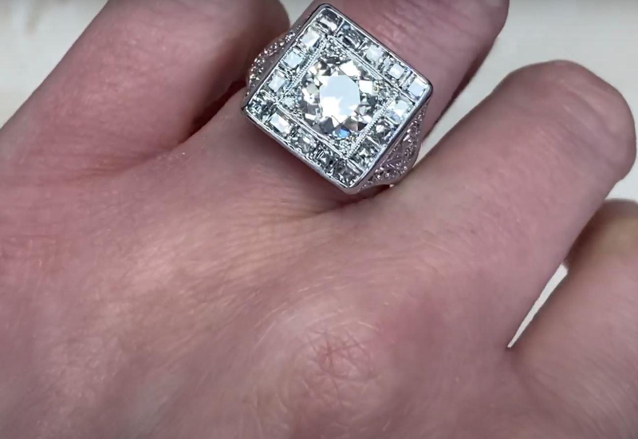Vintage 1.75 Carat Old Euro-Cut Diamond Engagement Ring, Diamond Halo, Platinum For Sale 3