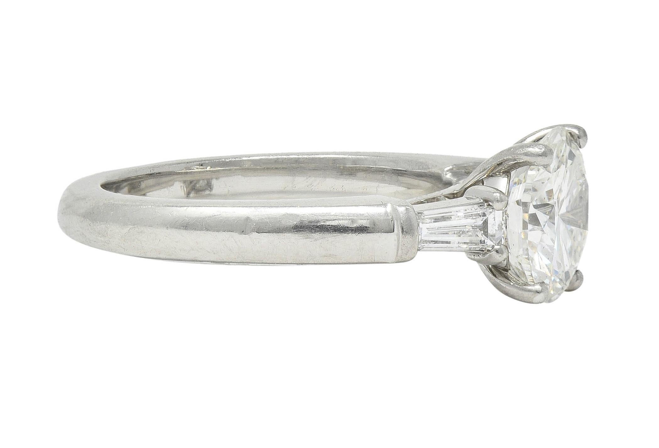 Women's or Men's Vintage 1.75 CTW Transitional Cut Diamond Platinum Three Stone Engagement Ring