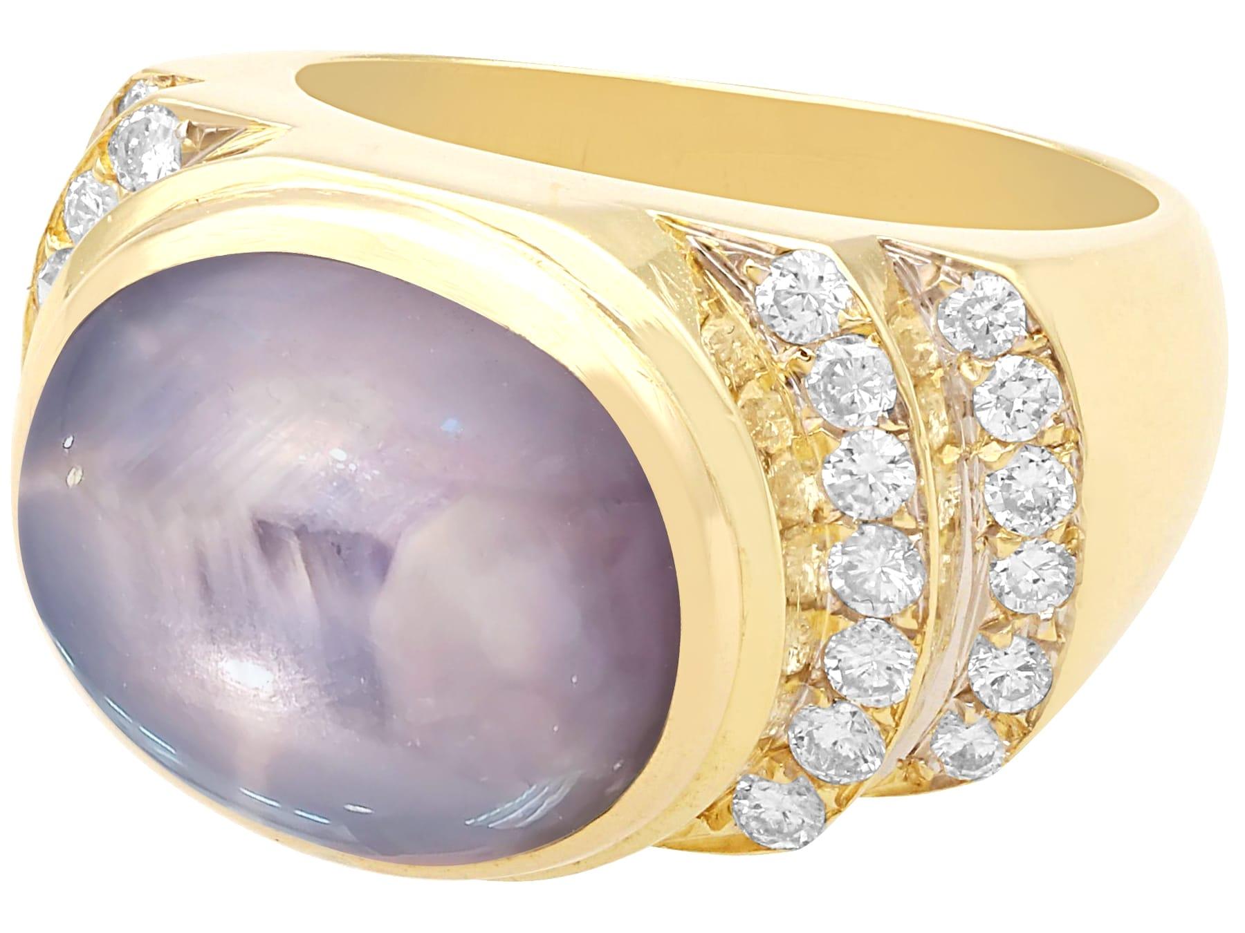 Cabochon Vintage 17.50 Carat Star Sapphire and Diamond Yellow Gold Dress Ring, circa 1980 For Sale