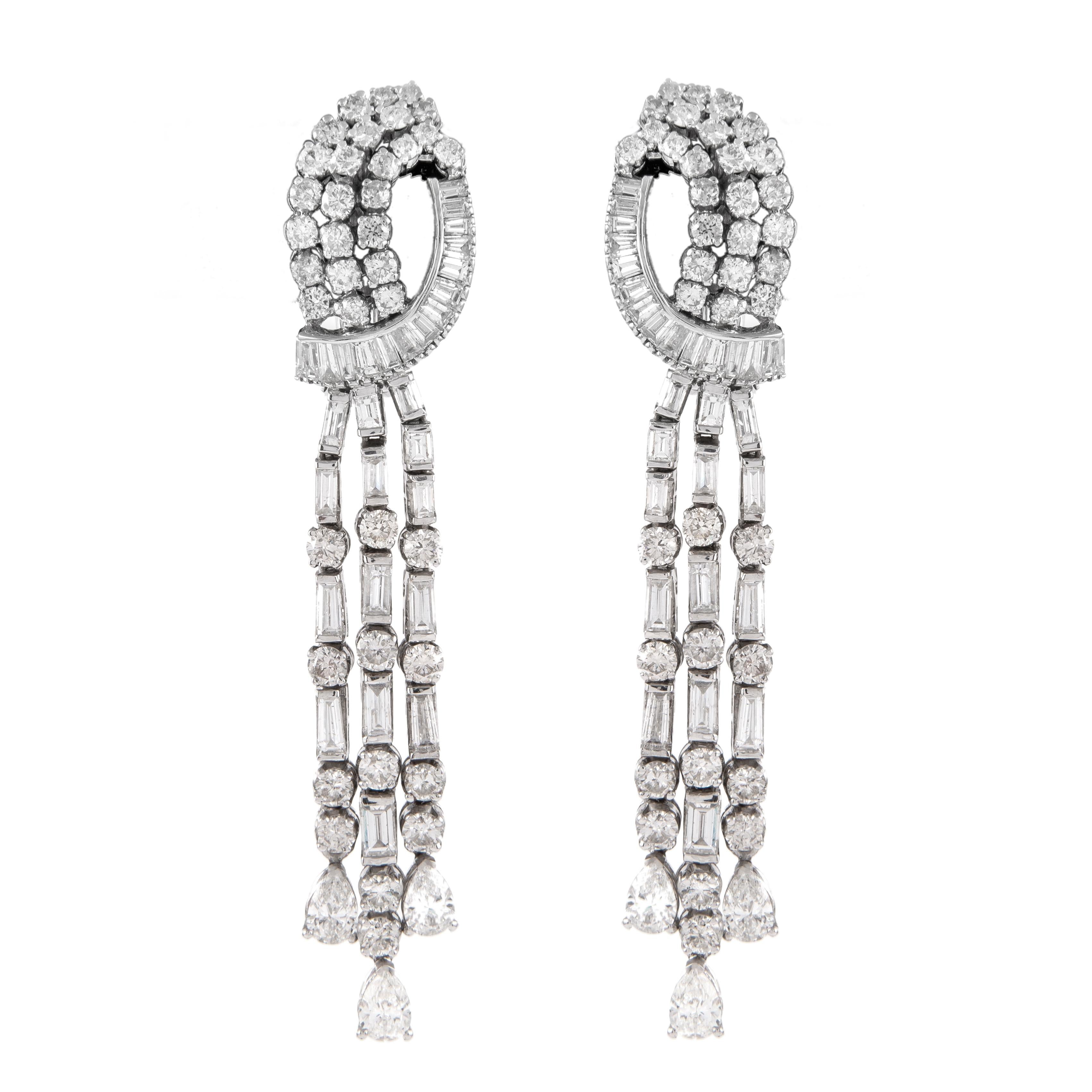 Baguette Cut Vintage 17.50ct Pear, Round, & Baguette Diamond Chandelier Earrings White Gold For Sale