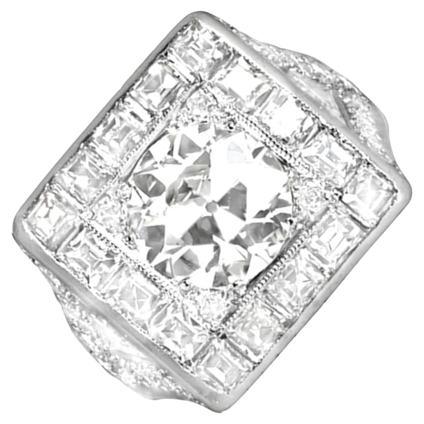 Vintage 1.75 Carat Old Euro-Cut Diamond Engagement Ring, Diamond Halo, Platinum