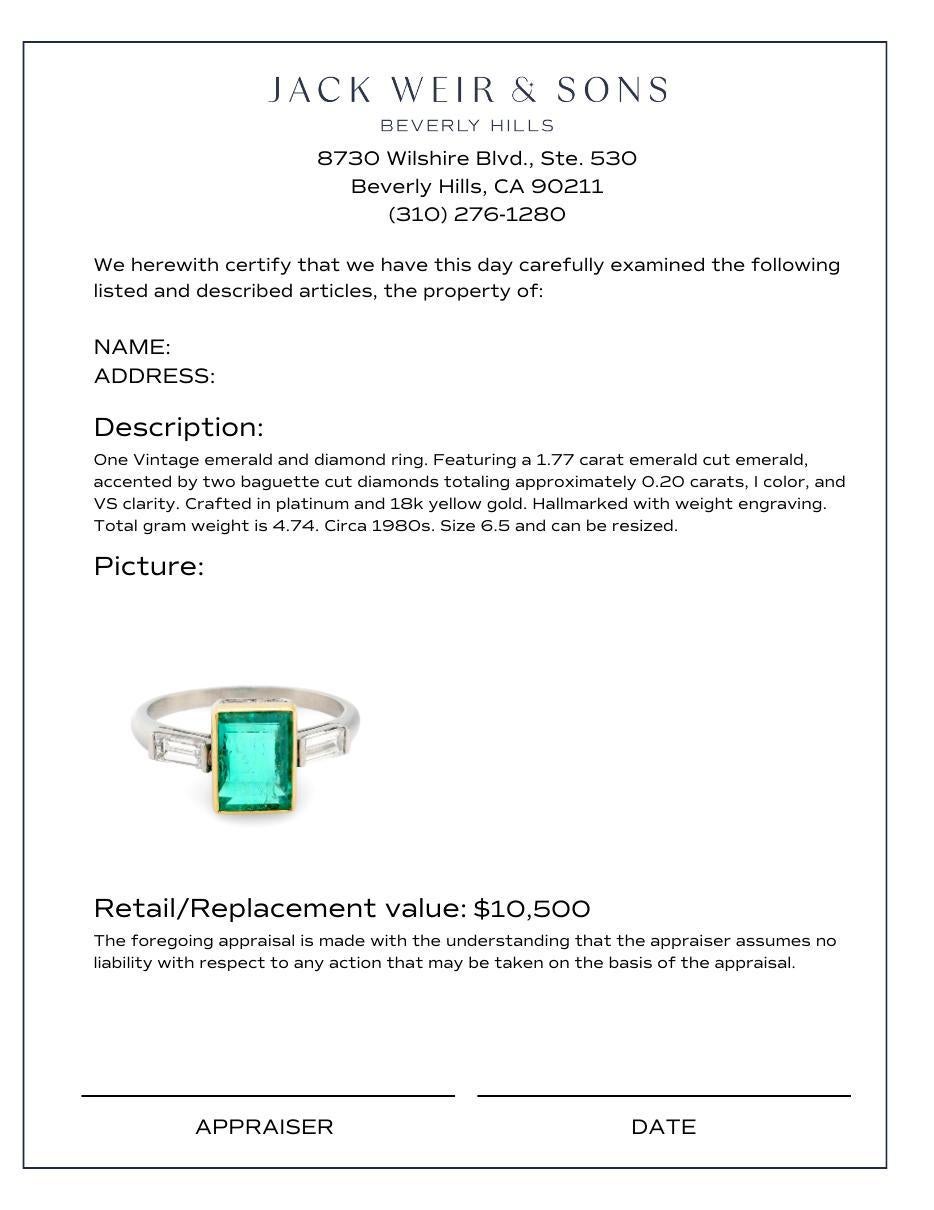 Anillo vintage de oro amarillo y platino con diamante esmeralda de 1,77 quilates en Excelente estado para la venta en Beverly Hills, CA